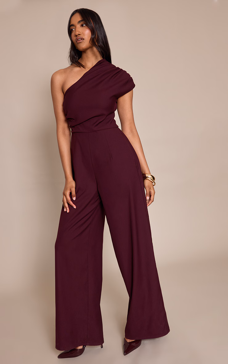 PLT Label Plum Asymmetric Ruched Wide Leg Jumpsuit