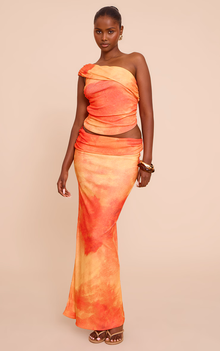 Orange Abstract Print Onion Skin Low Waist Maxi Skirt