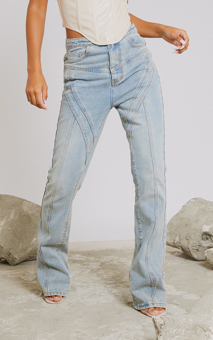 Vintage Wash Seam Detail Long Leg Straight Jeans
