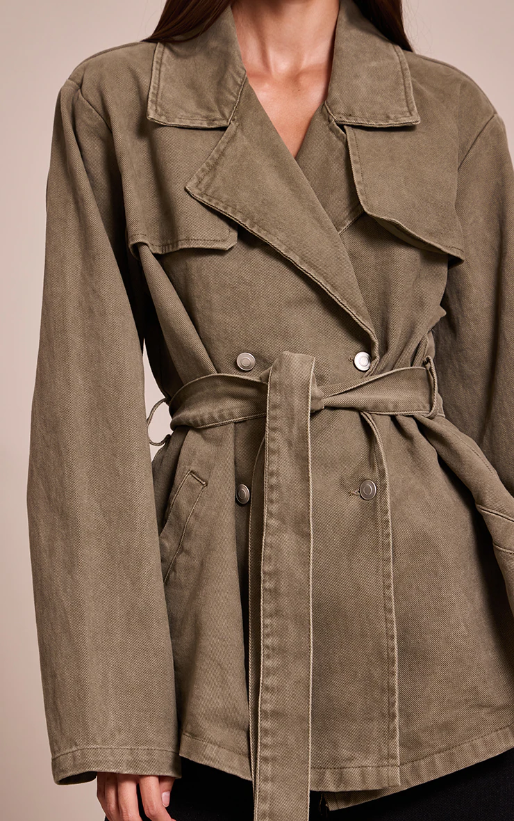Olive Belted Cropped Denim Trench