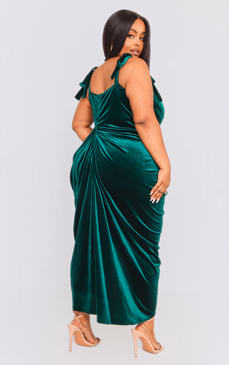 Plus Emerald Green Velvet Underwire Detail Draped Midi Dress
