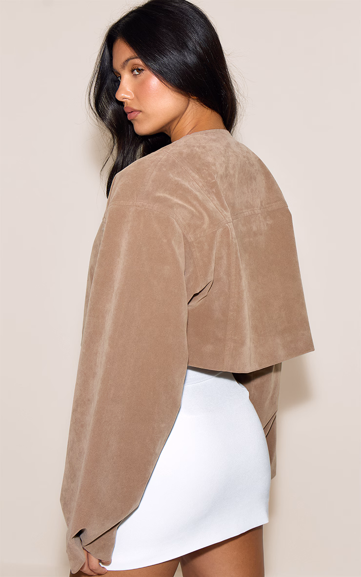 Beige Cropped Ruched Sleeve Detail Suede Jacket