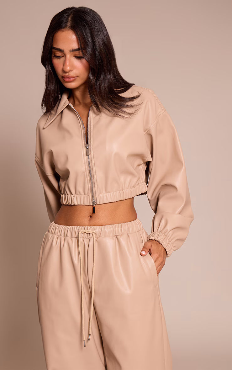 Petite Stone Faux Leather Cropped Zip Up Jacket
