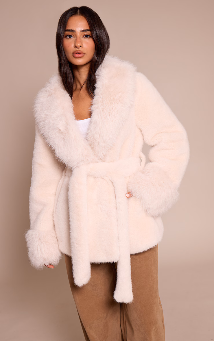 Petite Cream Plush Faux Fur Self Tie Coat
