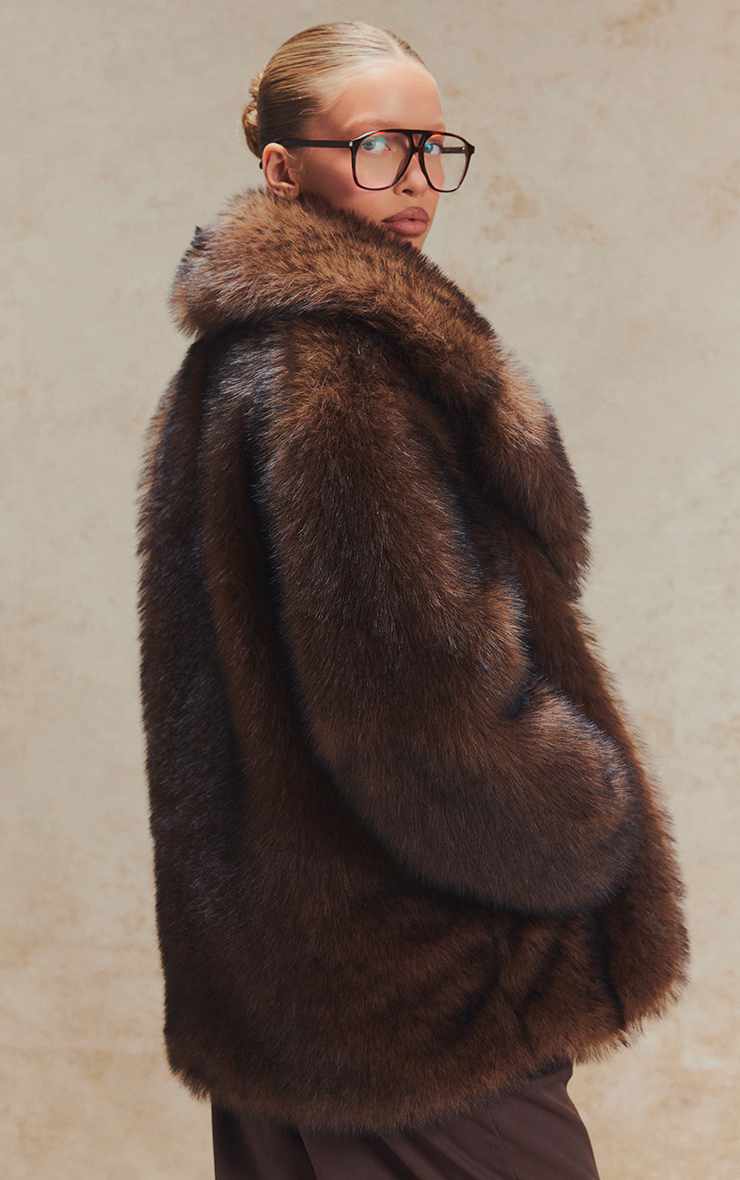 Brown Oversized Midi Faux Fur Coat