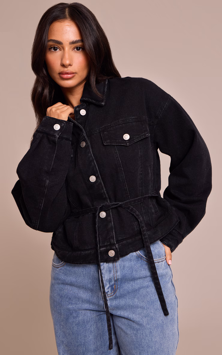 Petite Black Quilted Tie Back Denim Jacket