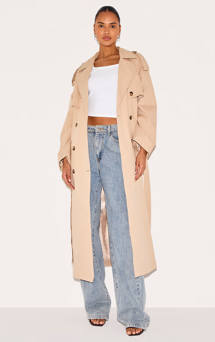 Beige Belted Double Breasted Trench Coat