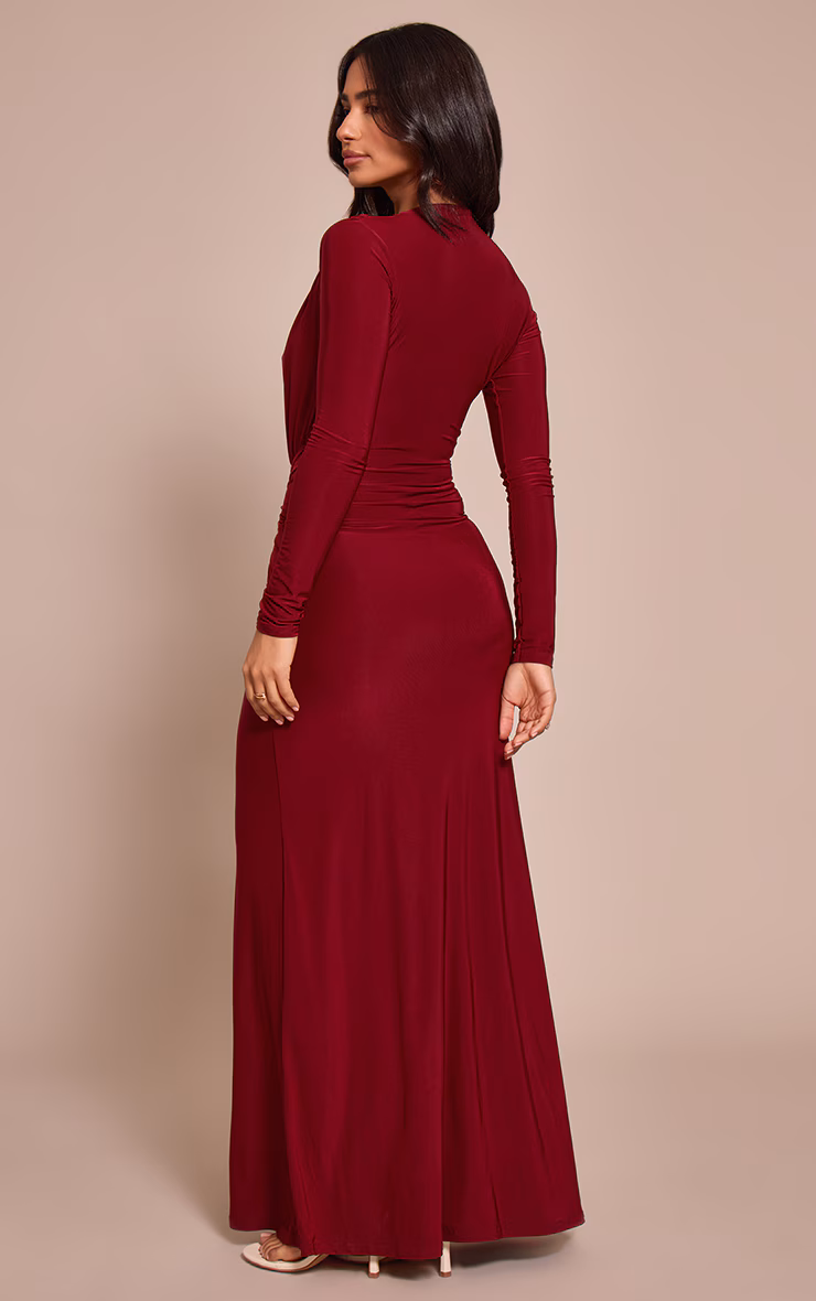Petite Burgundy Double Layer Slinky Long Sleeve Ruched Tie Front Maxi Dress