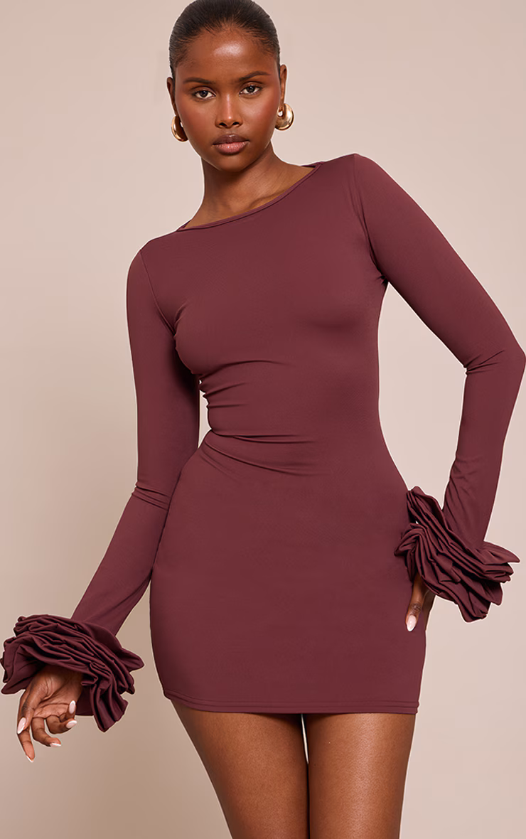 Plum Boat Neck Puff Sleeve Bodycon Dress