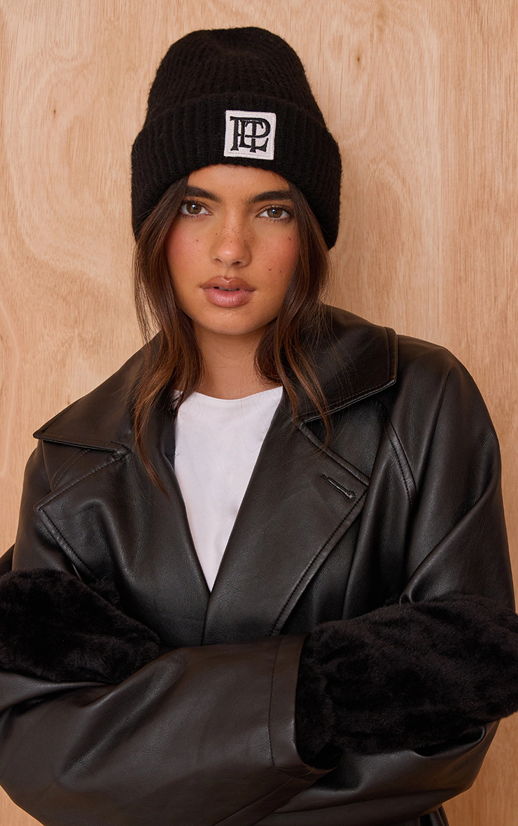 PLT Logo Black Brushed Knit Fold Over Beanie