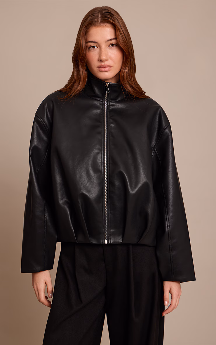 Black Faux Leather Funnel Neck Gathered Back Bomber Jacket