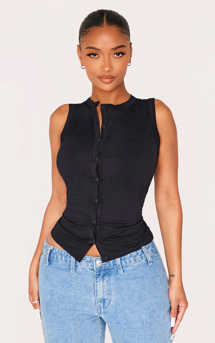 Shape Black Asymmetric Button Front Sleeveless Top
