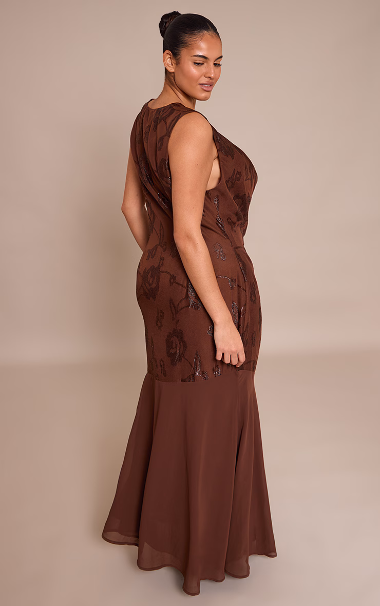 Plus Chocolate Floral Applique Cowl Neck Maxi Dress