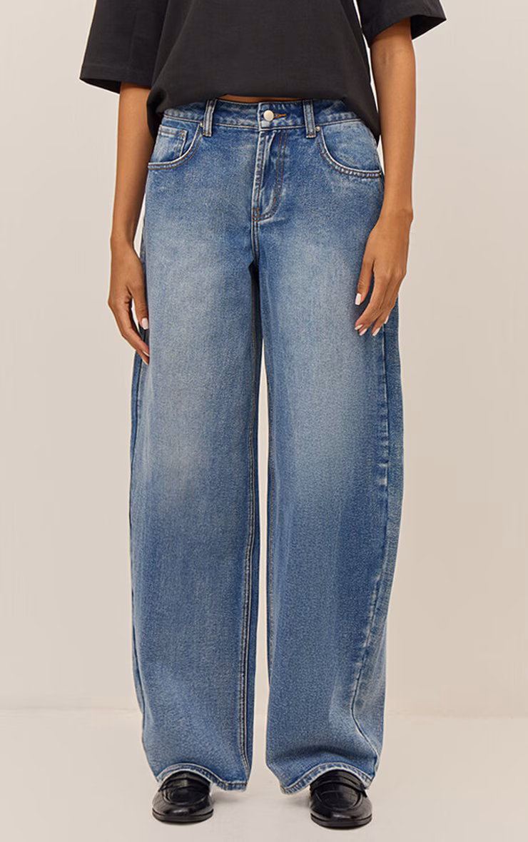 Mid Blue Low Rise Barrel Jeans