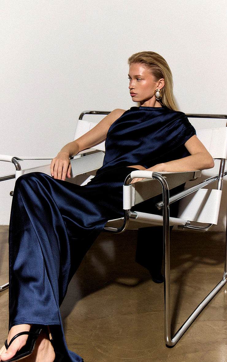 Navy Satin Low Rise Maxi Skirt