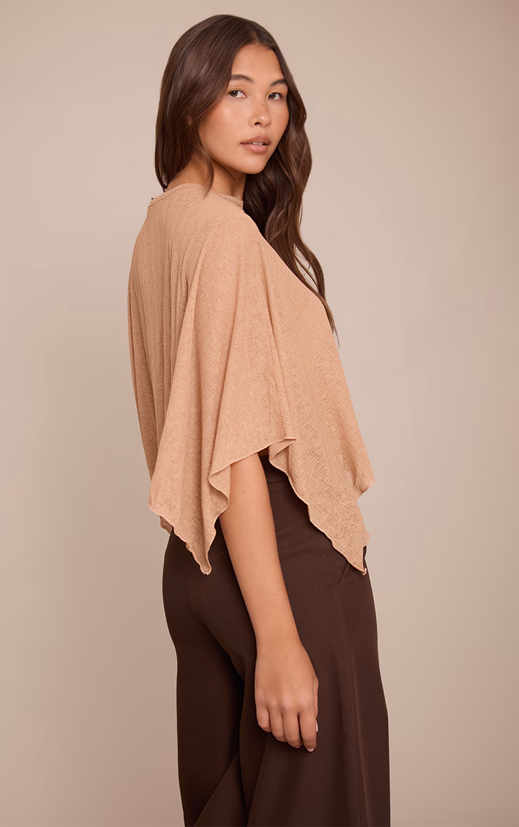 Sand Ribbed Burnout Mesh Cape Detail Long Top