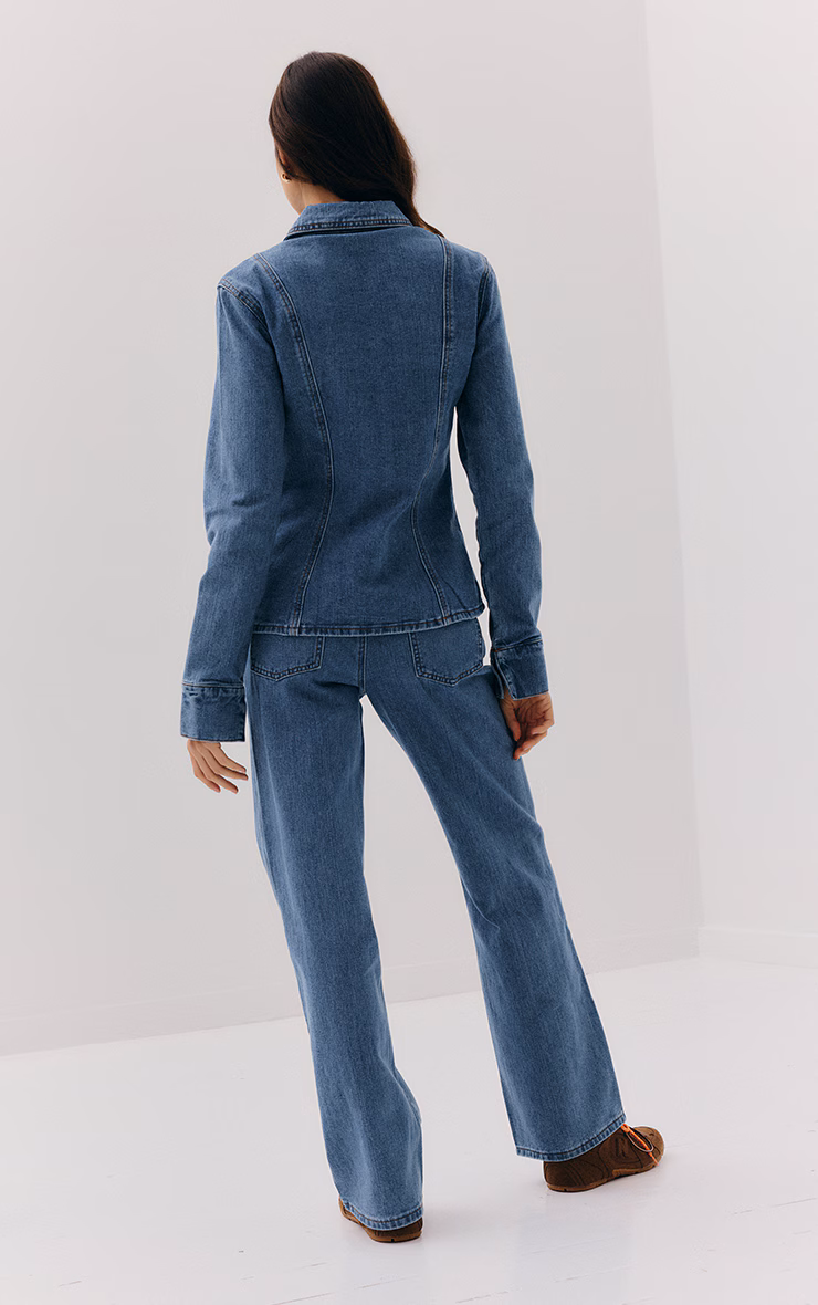 Mid Blue Wash Mid Waist Straight Leg Jeans