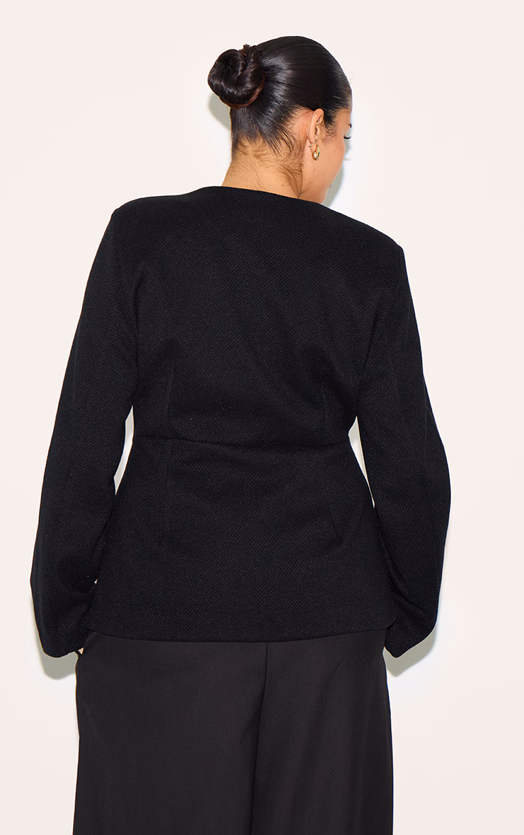 Plus Black Button Up Longline Collarless Blazer