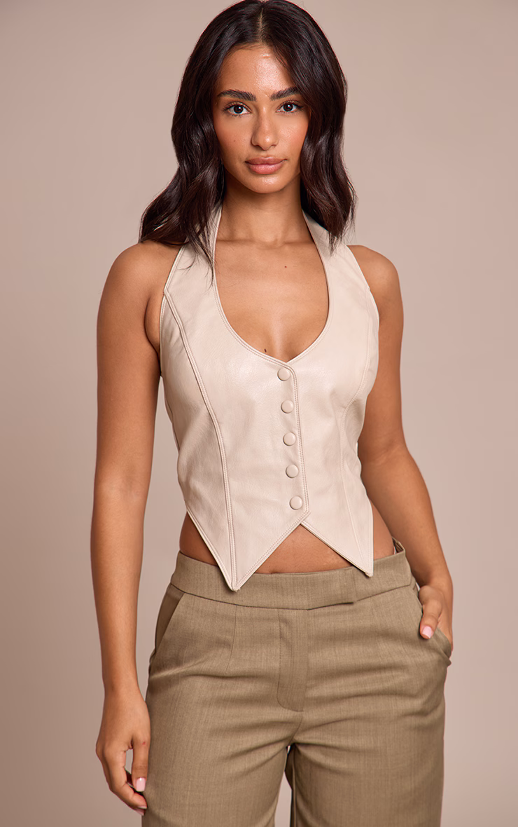 Petite Stone Button Up Faux Leather Halterneck Top