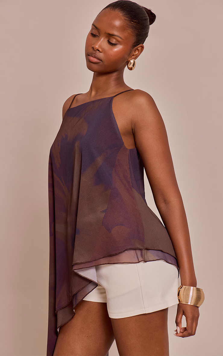 Mauve Printed Chiffon Strappy Asymmetric Longline Top