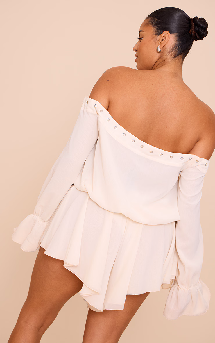 Plus Cream Chiffon Long Sleeve Bardot Floaty Romper