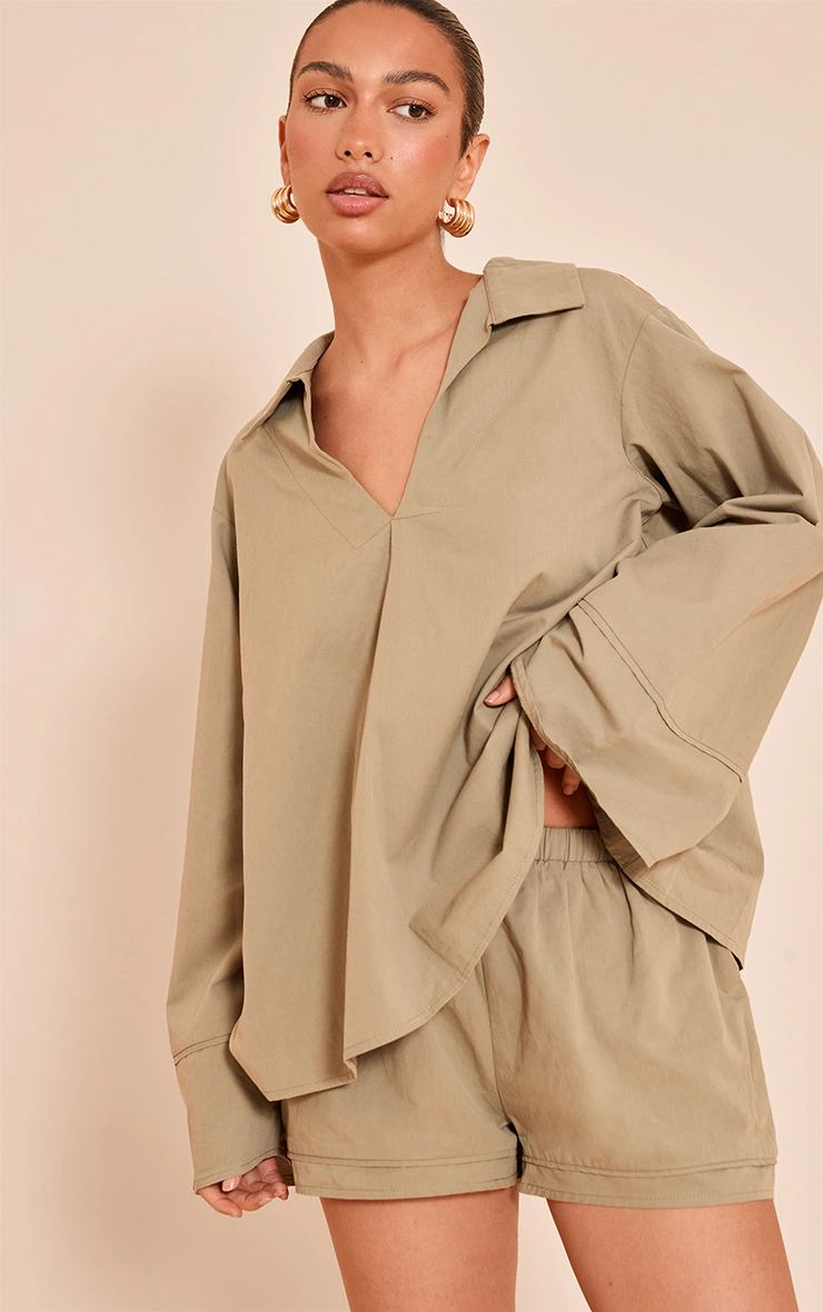 Light Khaki Cotton Woven Pleate Detail Floaty Shorts