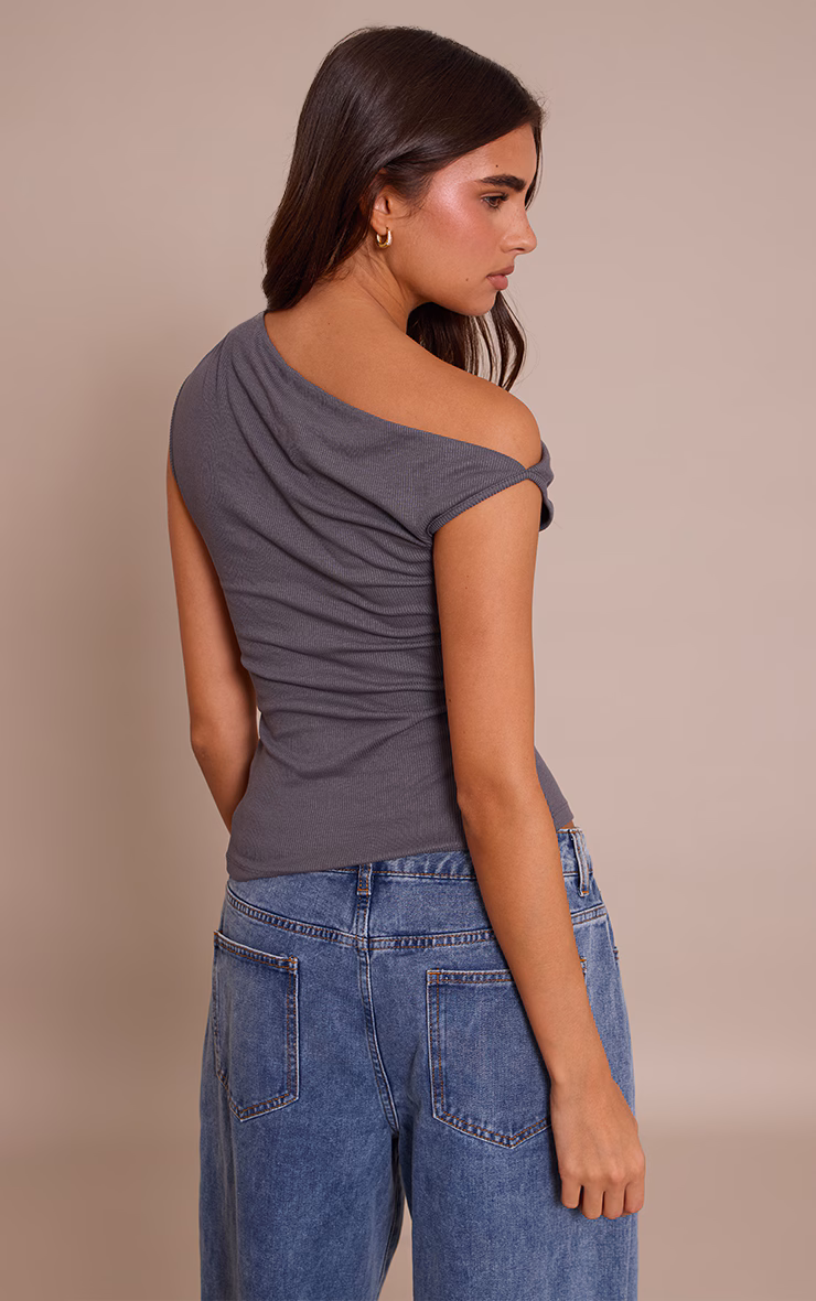 Charcoal Soft Rib Asymmetric Drape Detail Sleeveless Top