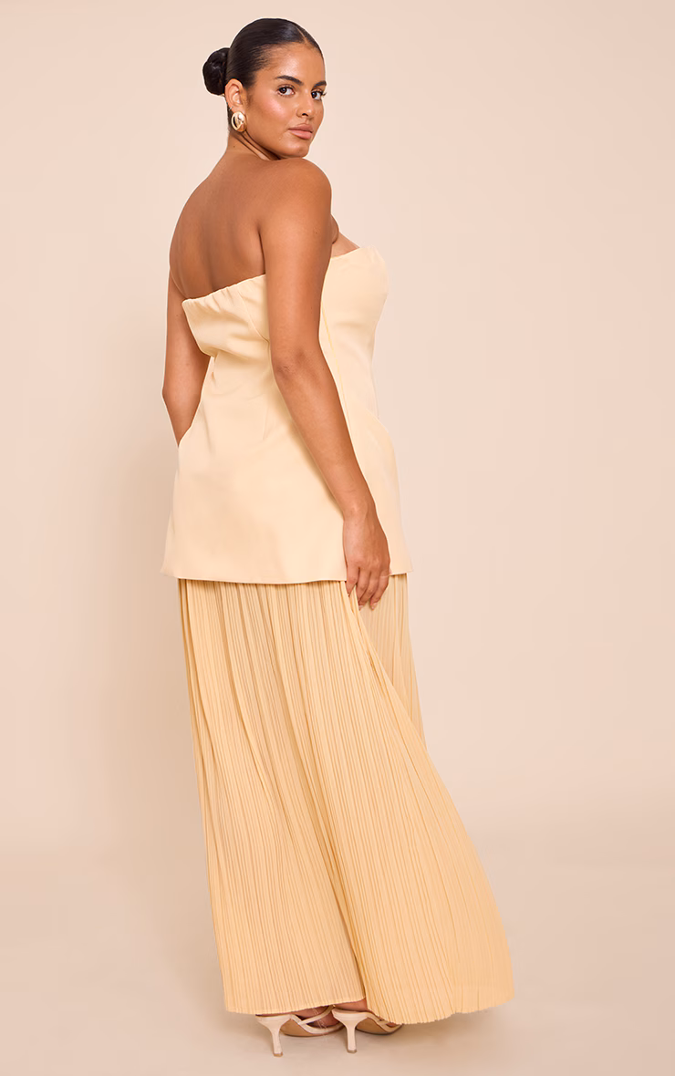 Plus Butter Yellow Chiffon Pleated Skirt Panel Bandeau Maxi Dress
