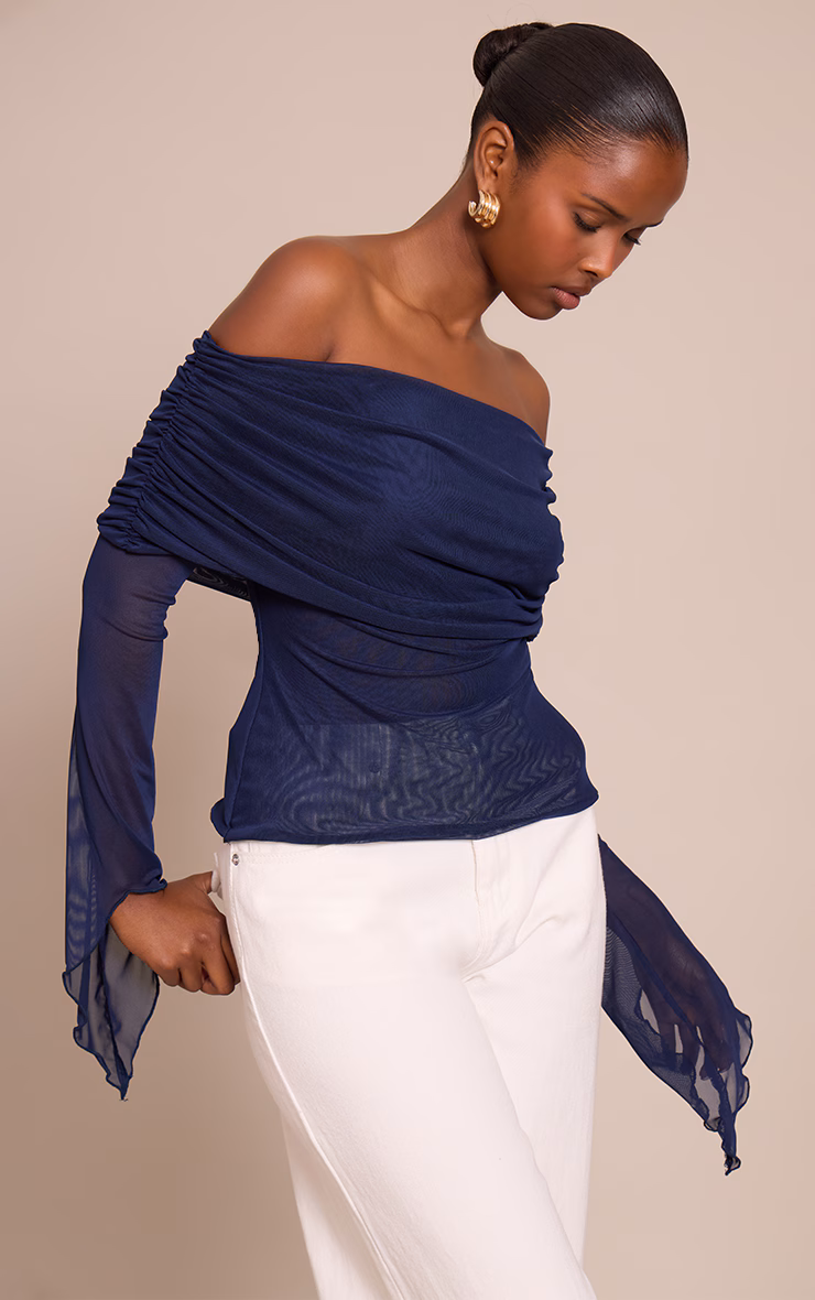 Navy Mesh Fold Over Extreme Sleeve Detail Top