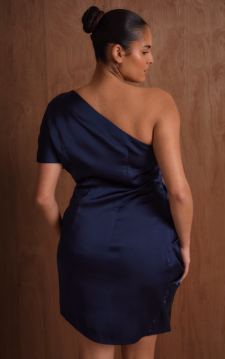 PLT Label Plus Navy Structured Satin Draped One Shoulder Bodycon Dress