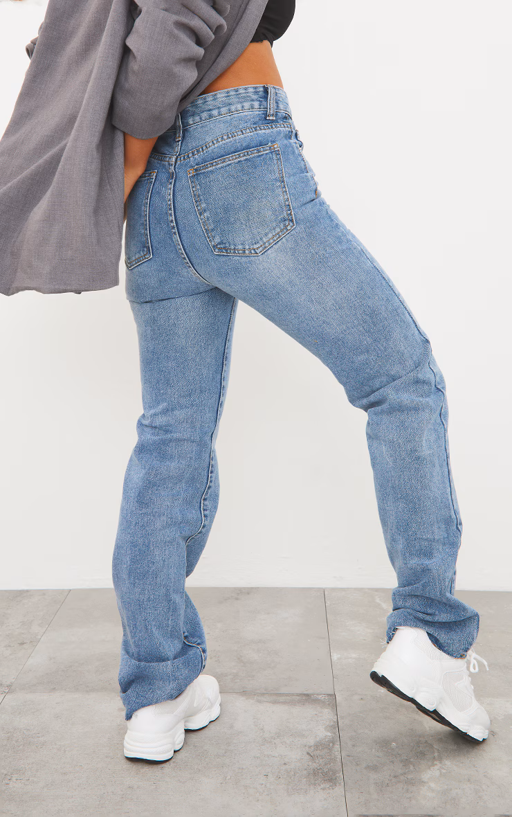 Mid Blue Wash Long Straight Leg Raw Hem Jeans