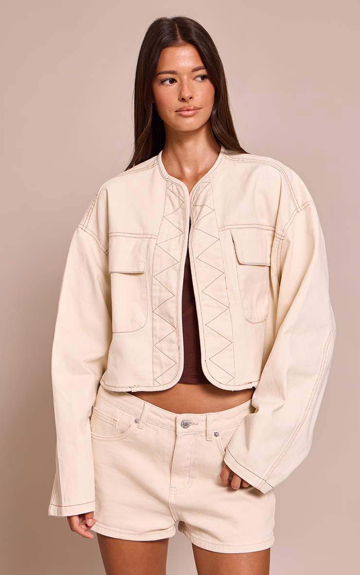 Ecru Curved Hem Cropped Denim Jacket