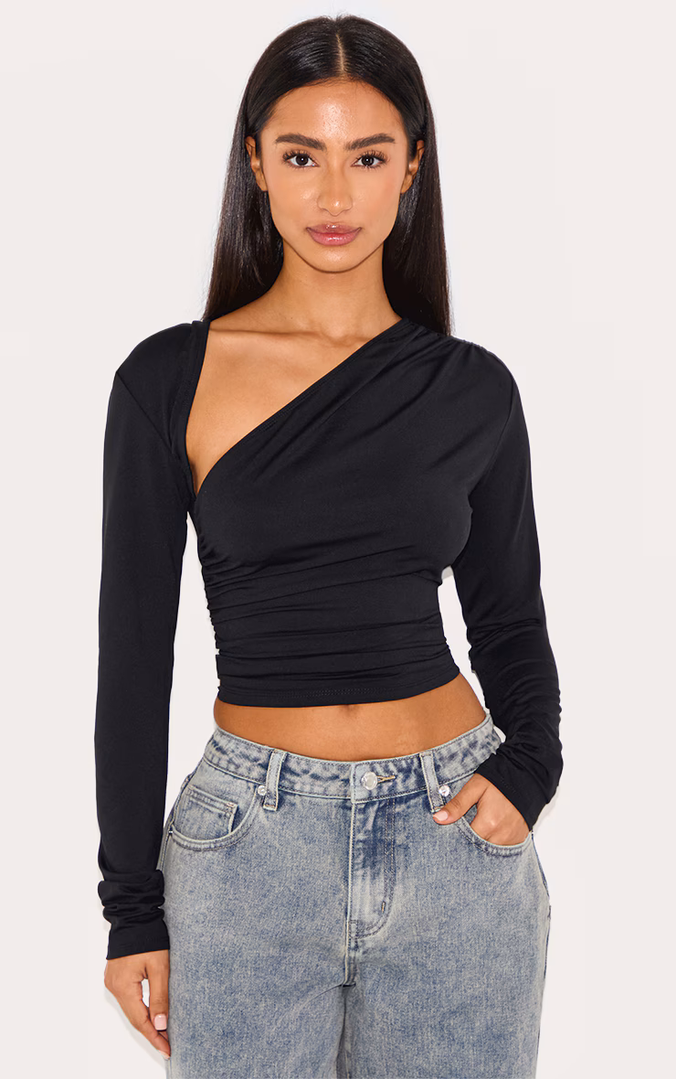 Petite Black Slinky Long Sleeve Ruched Side Top