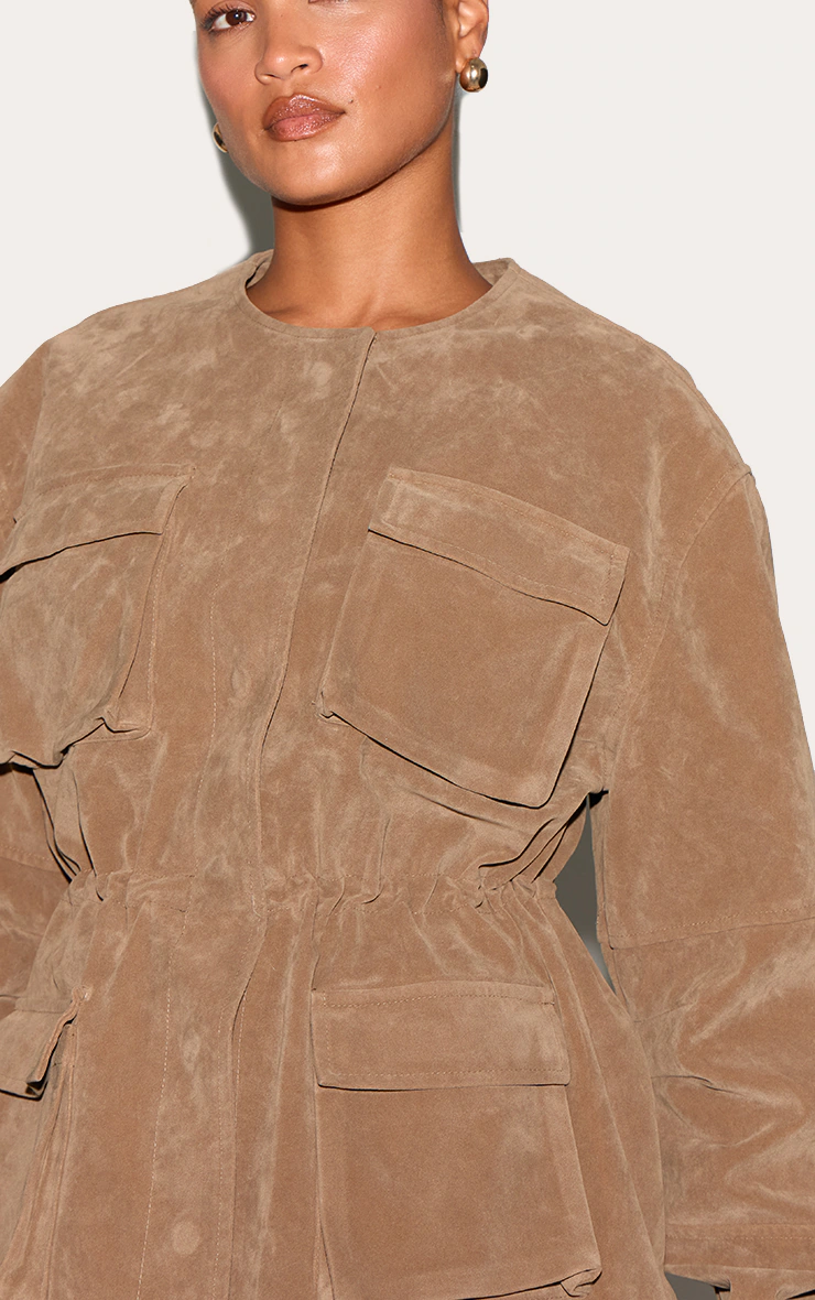 Mushroom Structured Faux Suede Pocket Detail Adjustable Waist Jacket