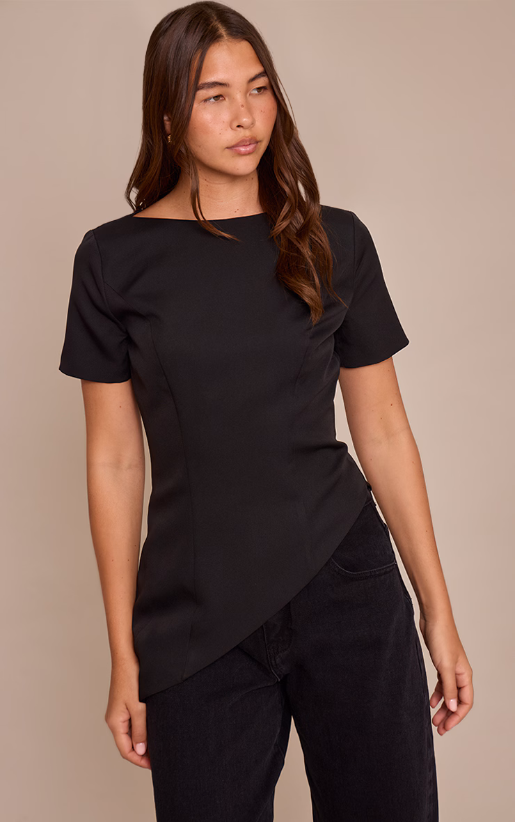 Black Woven Structured Asymmetric Hem Top