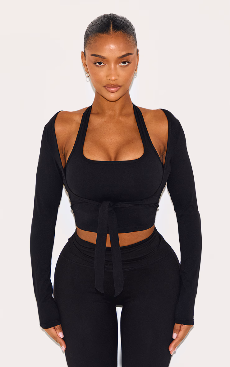 Shape Black Active Layered Long Sleeve Under Bust Support Strap Padded Top