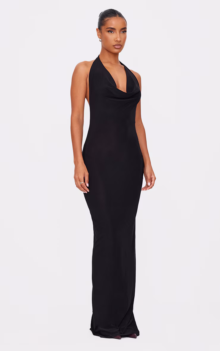 Black Soft Touch Cowl Neck Twist Back Detail Maxi Dress