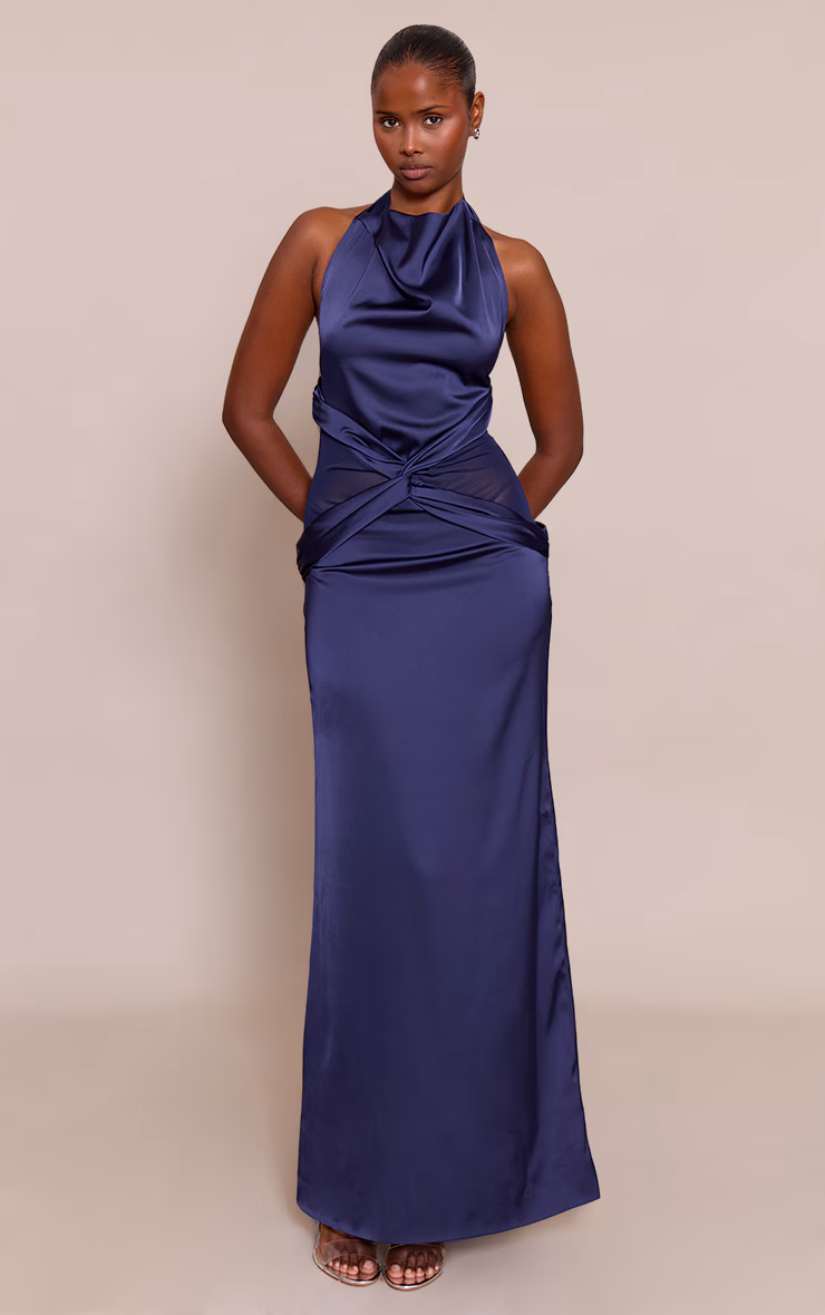Navy Satin Mesh Detail Maxi Dress