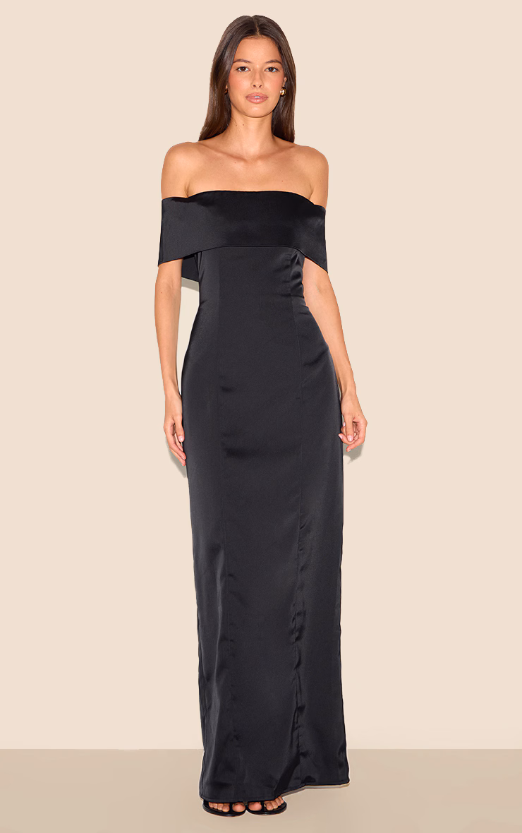 Black Bridesmaid Bardot Fold Over Sleeveless Maxi Dress
