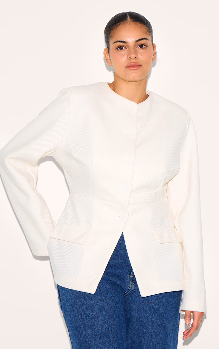 Plus Cream Button Up Longline Collarless Blazer