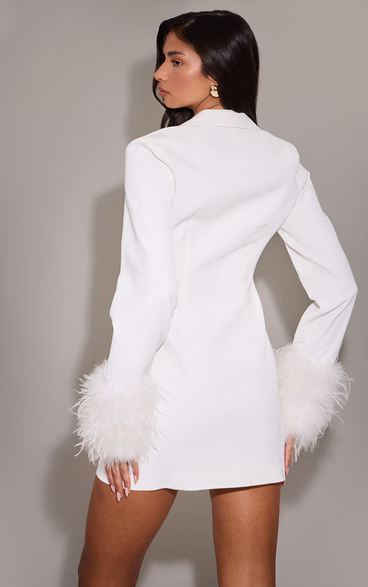 White Woven Feather Cuff Blazer Dress