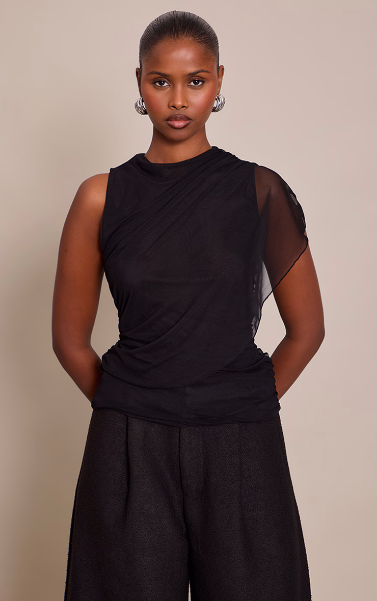 Black Mesh Cape Detail Long Top