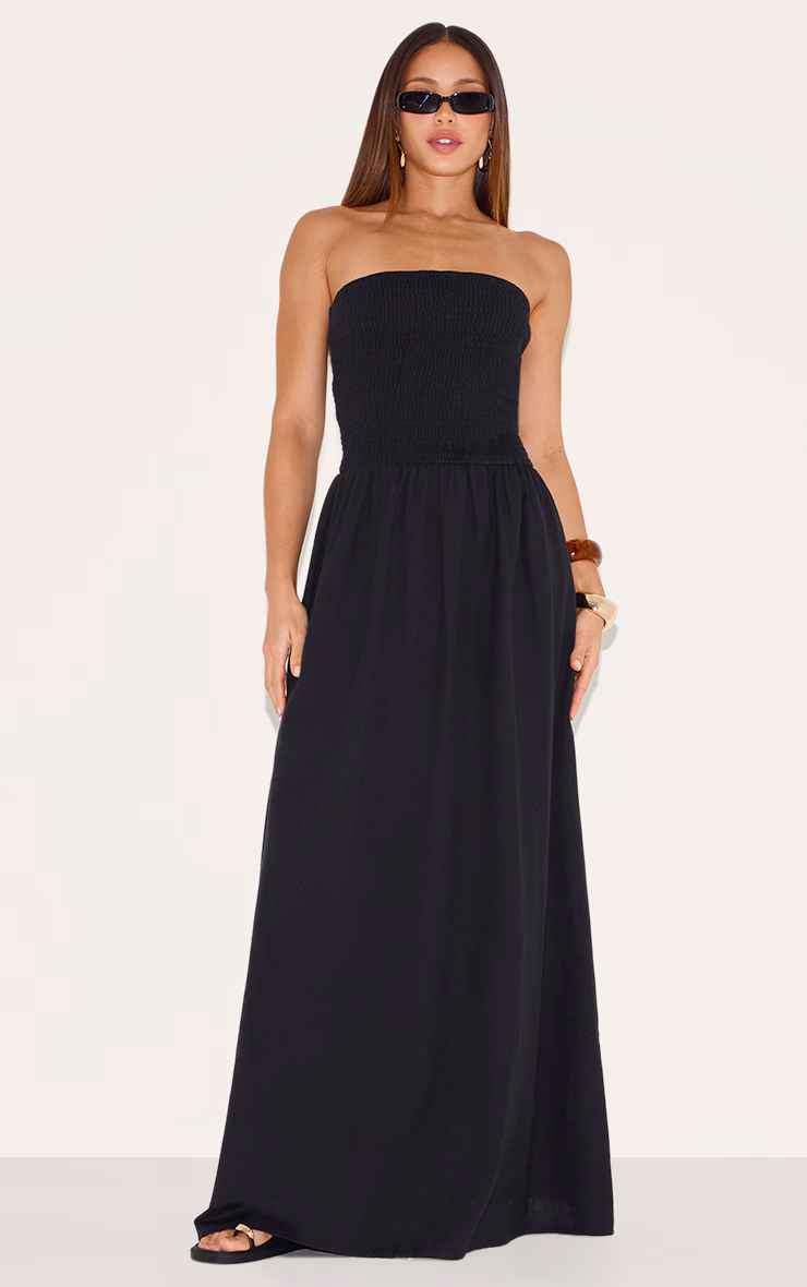 Tall Black Bandeau Shirred Detail Maxi Dress