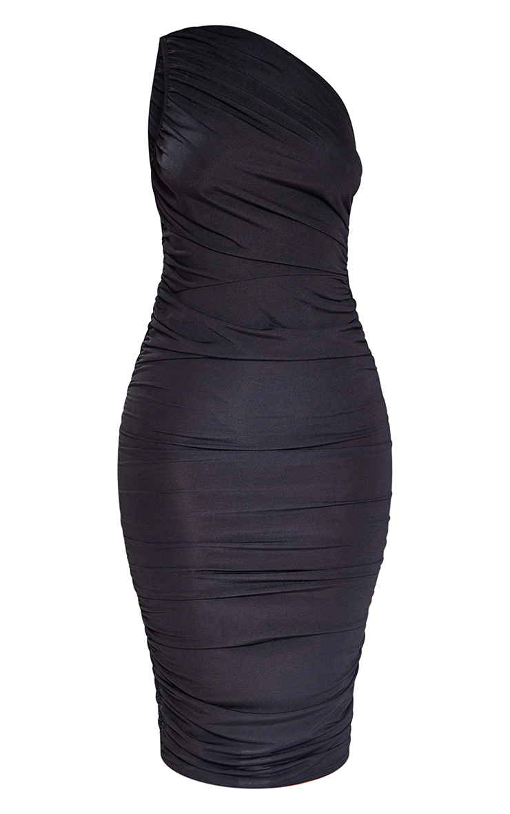 Petite Black Slinky Ruched One Shoulder Longline Midi Dr