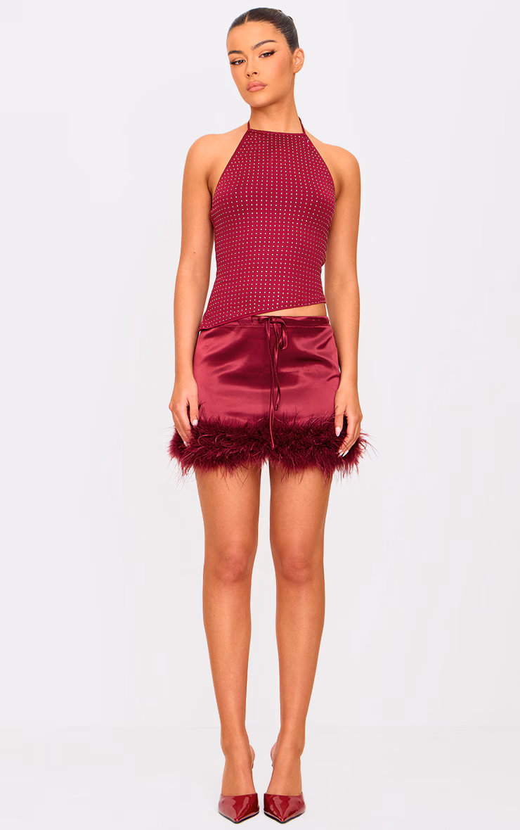 Burgundy Satin Drawstring Waist Detail Feather Hem Mini Skirt