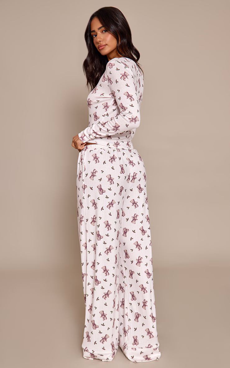 Petite Teddy Bear Printed Jersey Fitted Long Sleeve Top and Pant PJ Set