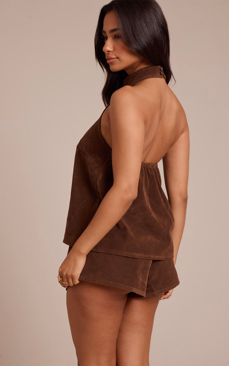 Petite Chocolate Suede Halterneck Top