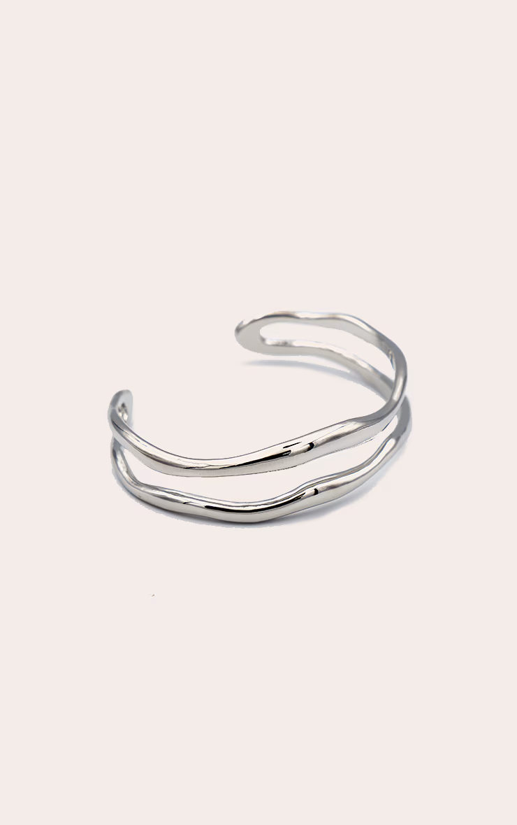 Silver Double Ridge Wave Bangle