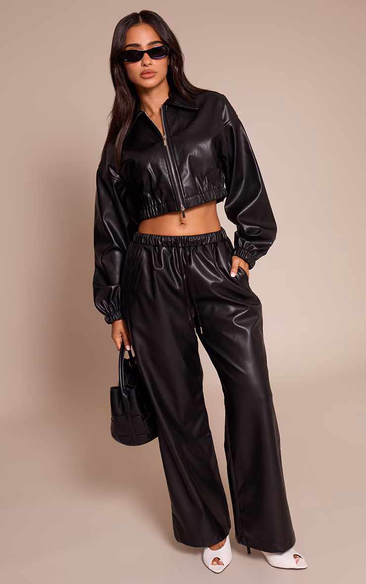Petite Black Faux Leather Cropped Zip Up Jacket