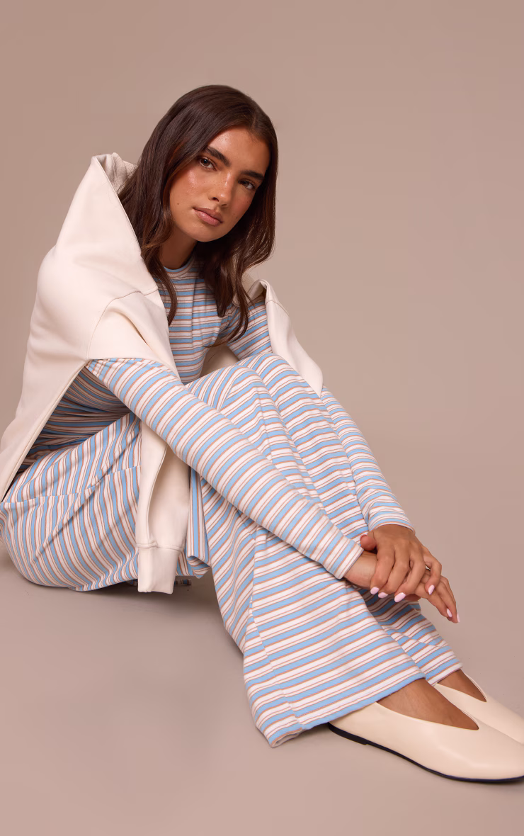 Light Blue Striped Soft Fleece Straight Leg Sweatpants